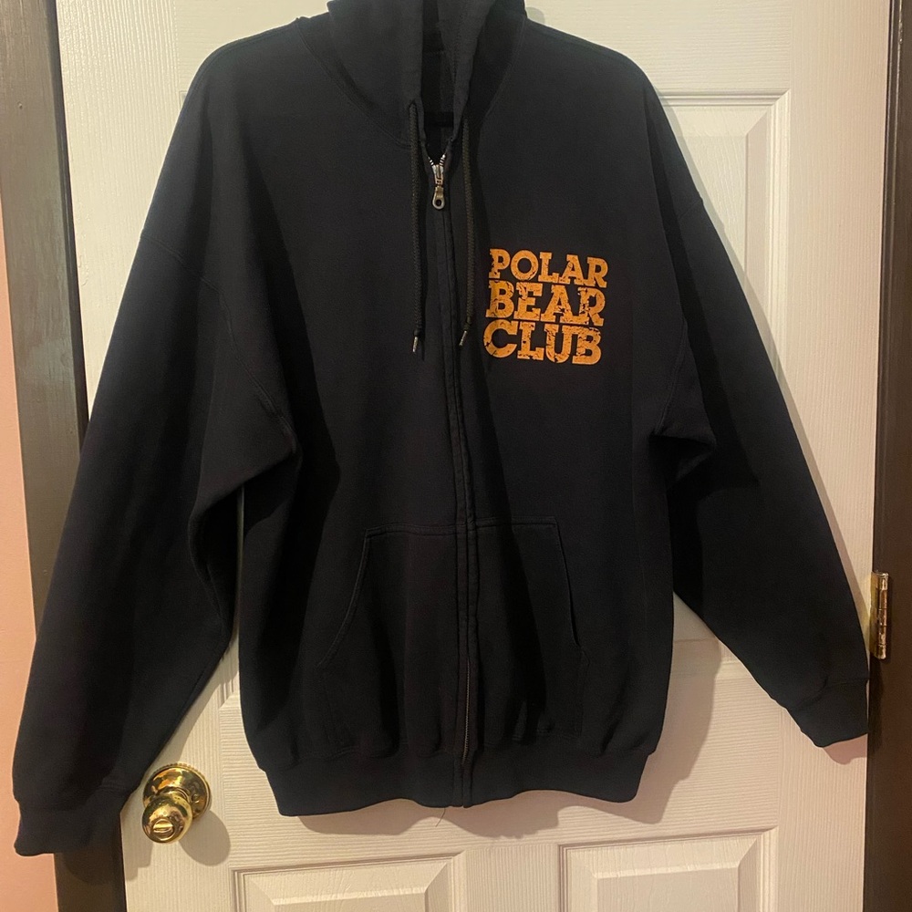 Vintage POLAR BEAR CLUB Men’s Black Zip Up Hoodie with Orange Print